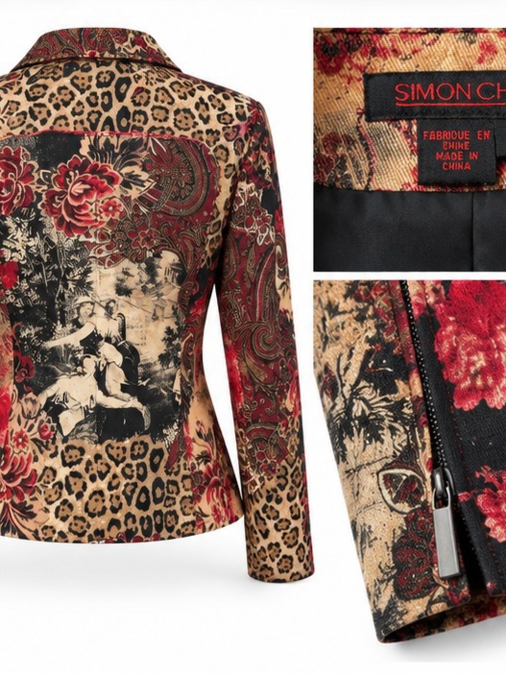 Simon Chang Red Floral and Leopard-Print Blazer